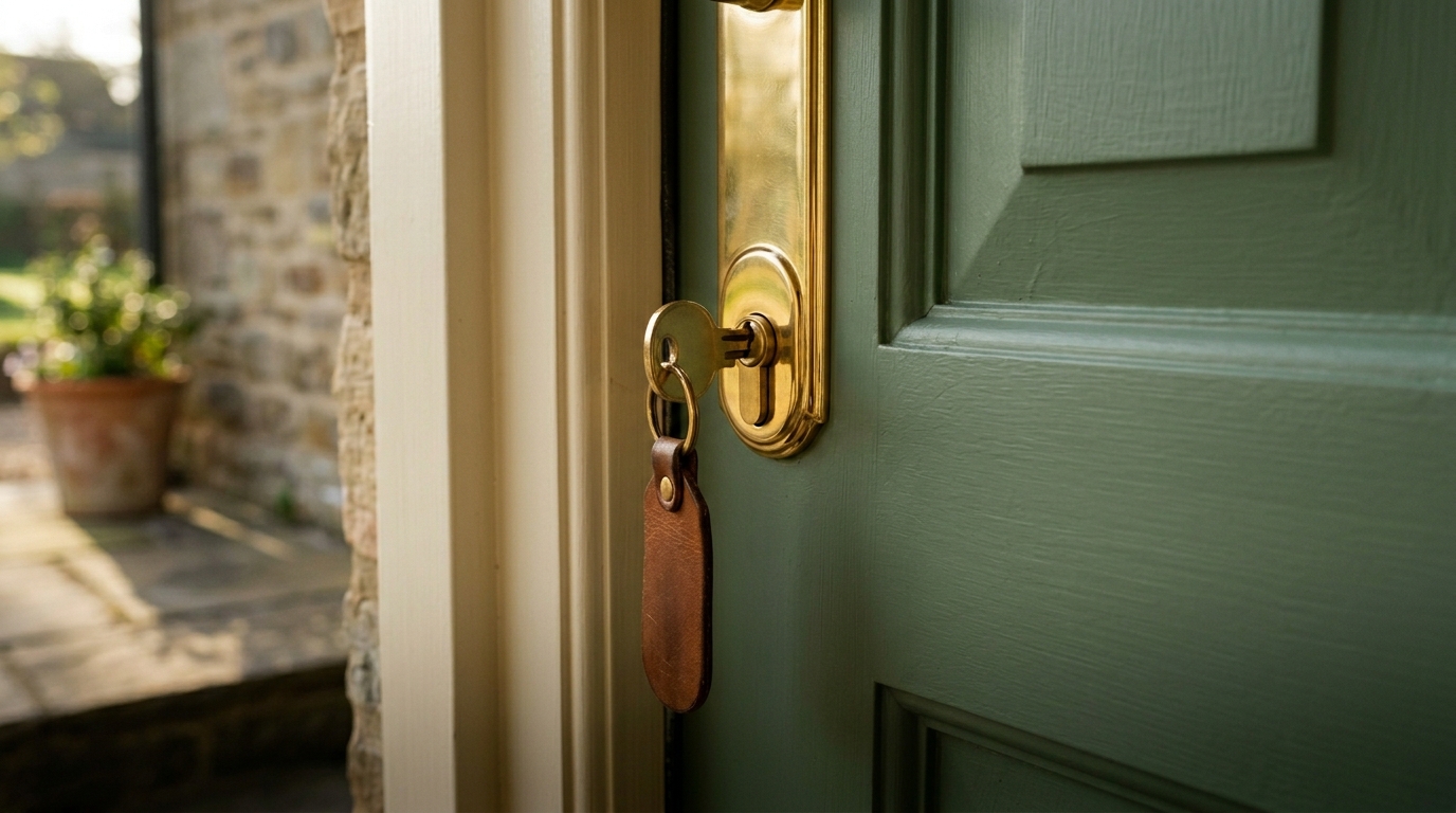 Brass key in the lock of a freshly-painted rental property door